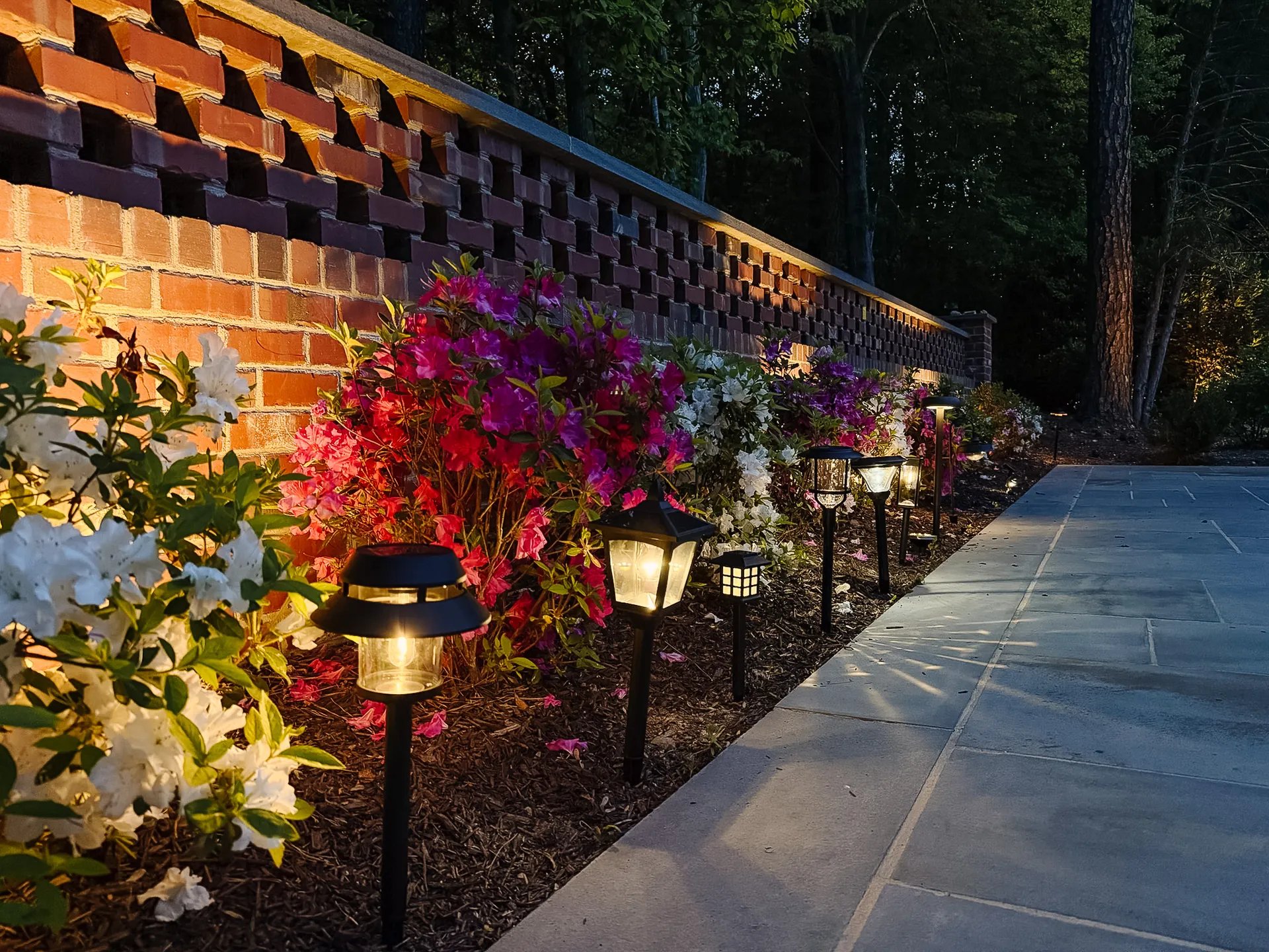 Solar garden lights glowing along a landscaped path at night