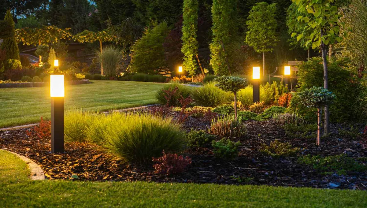 Landscaping project with lawn and bollard solar lighting