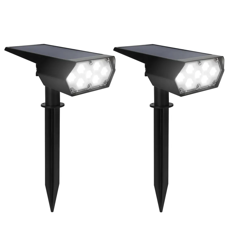 Vector adjustable solar spotlights with ground stakes, studio product photo